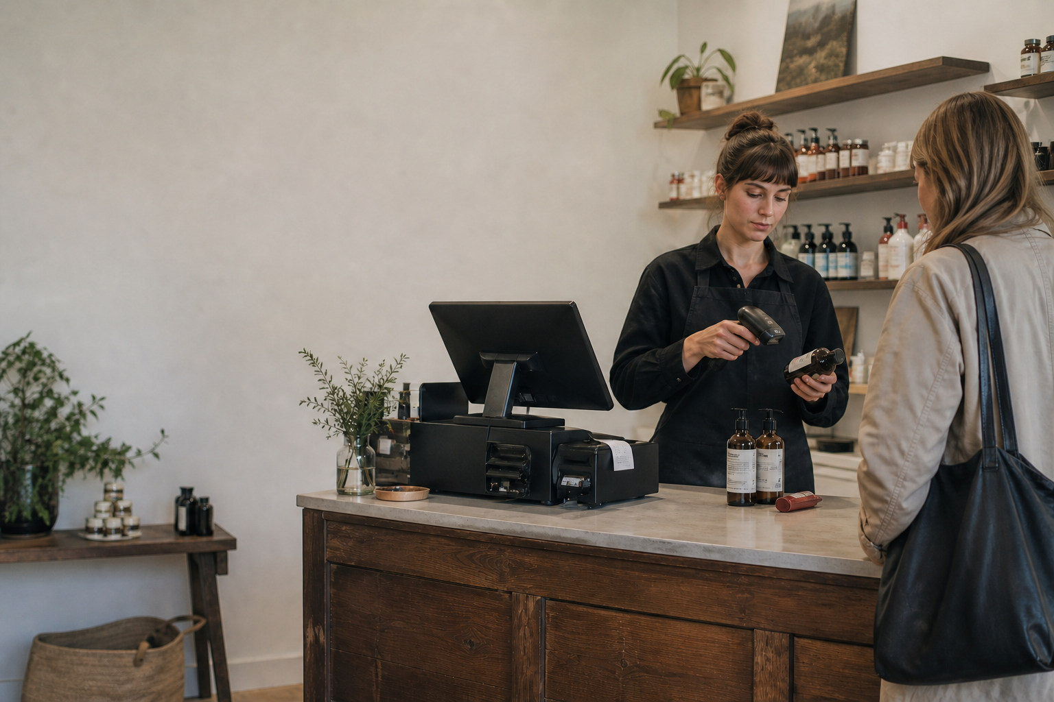 Medewerker scant een product af bij de kassa van een retailer