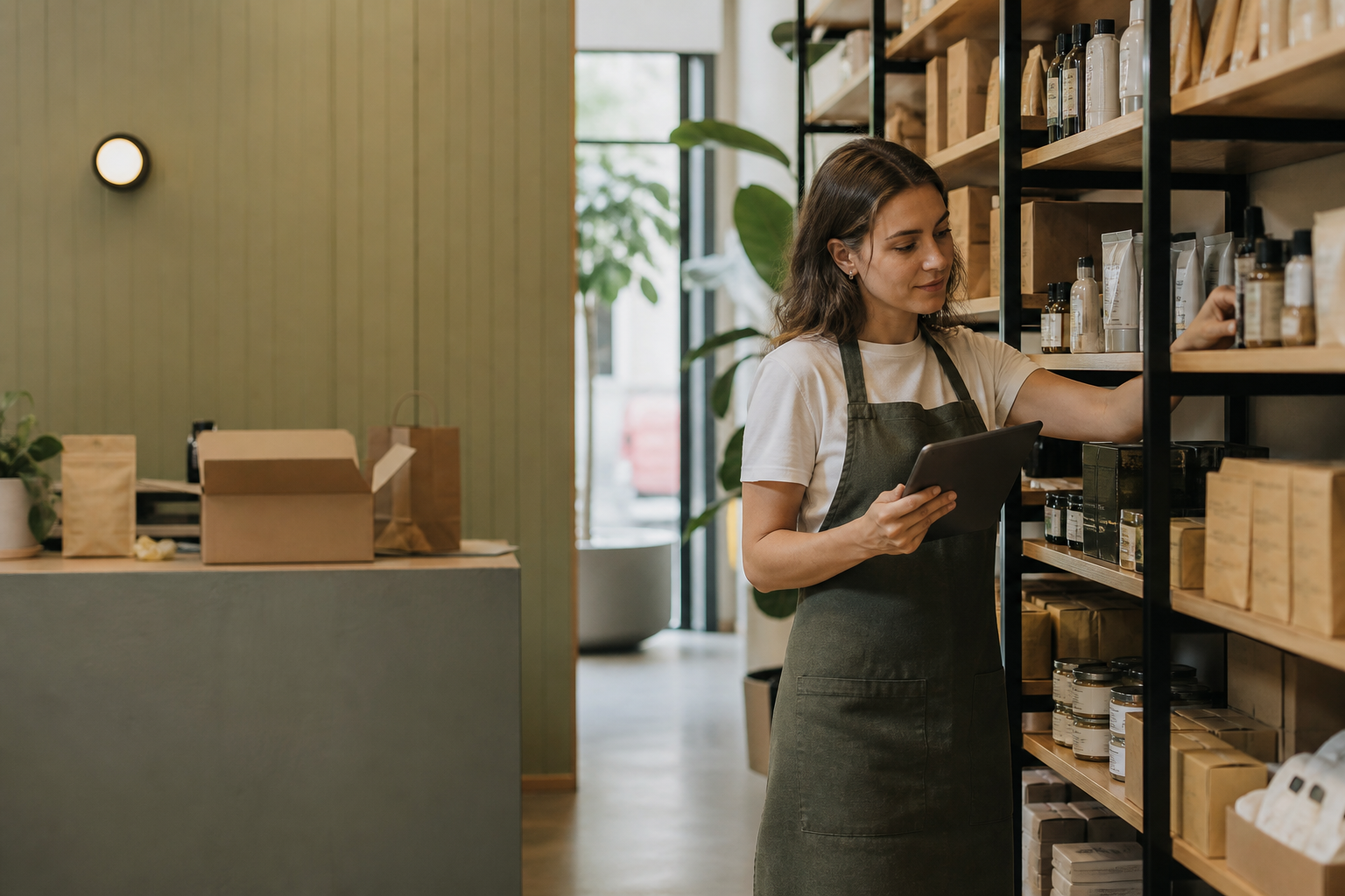 Medewerker controleert voorraad tussen winkelvloer en online orderverwerking